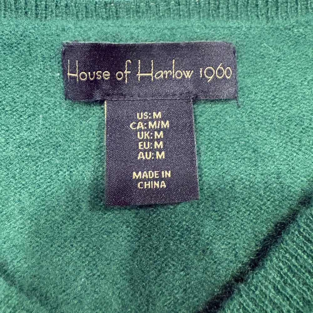 House of Harlow 1960 Green 100% Cashmere Short Sleeve V-Neck Sweater Size M - Picture 2 of 4
